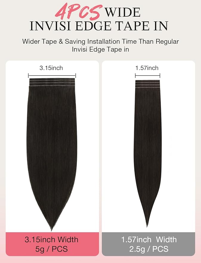 DOORES Invisi Edge Tape in Wide Hair Extensions Human Hair, Dark Brown 4PCS Injection Tape ins 20g 24 Inch, Virgin Human 3 Inch Wide Injected Extensions Invisible