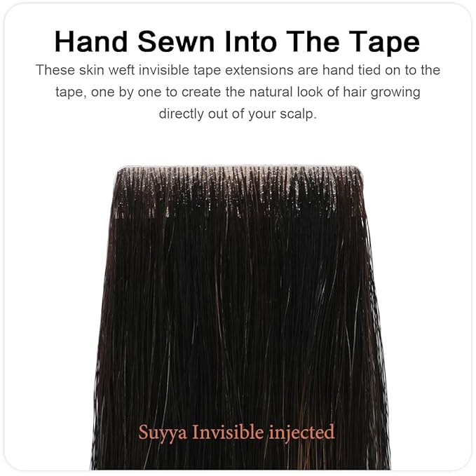 SUYYA Invisible Tape in Hair Extensions Human Hair Seamless Injected Hand-Tied Pro Virgin Human Hair Tape Ins Balayage Natural Black to Chestnut Brown 20PCS 50G/Pack Straight(22 inch #P1B/6/T1B)
