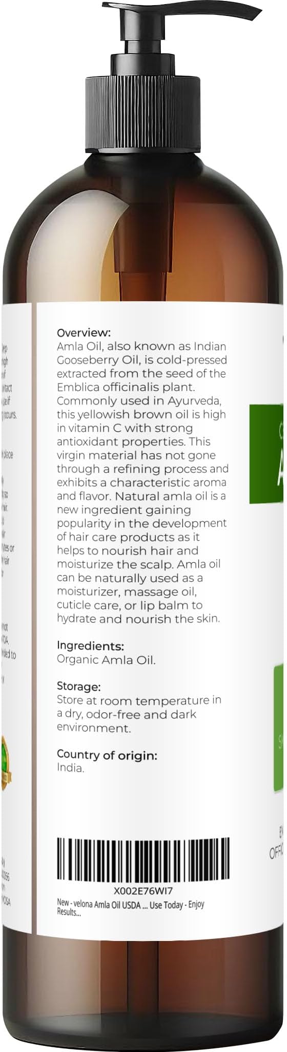 velona Amla Oil USDA Certified Organic - 8 Fl Oz | 100% Pure and Natural Carrier Oil | Extra Virgin, Unrefined, Cold Pressed
