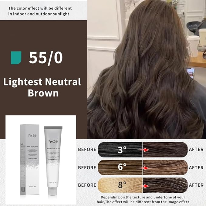 PureStyle 100ml Professional Permanent Hair Color Dye Cream Ammonia Free, Long Lasting Color, 100% Gray Coverage, Natural Shine, For All Hair Types Easy At Home (55/0 Lightest Neutral Brown)