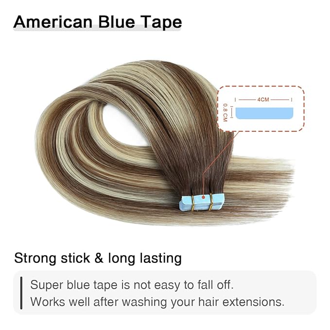 SUYYA Tape in Hair Extensions Human Hair Balayage Chocolate Brown to Bleach Blonde and Chestnut Brown 40g/pack 20pcs Straight Seamless Skin Weft Tape in Human Hair Extensions(12inch #P6/613/T4)