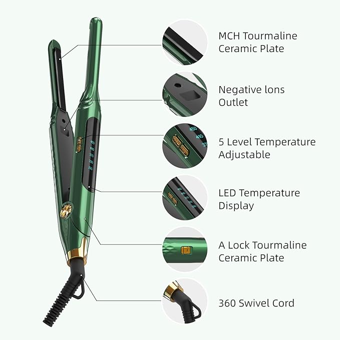 Small Flat Irons for Short Hair, 15s Ultra Fast Heat Up Pencil Flat Iron, Negative Ions Mini Flat Iron for Edges, 3/10'' Travel Hair Straightener with LED Display Auto Shut Off（Green）