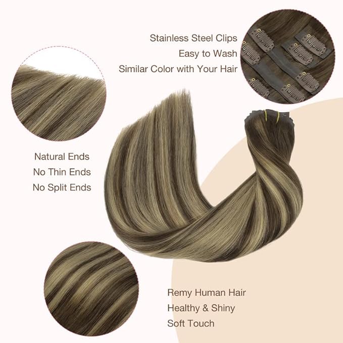 GOO GOO Clip in Hair Extensions Real Human Hair, Remy Human Hair Extensions Clip ins for Women, Natural Human Hair, 22inch 110g 7Pcs, 4/26/4 Balayage Chocolate Brown to Honey Blonde