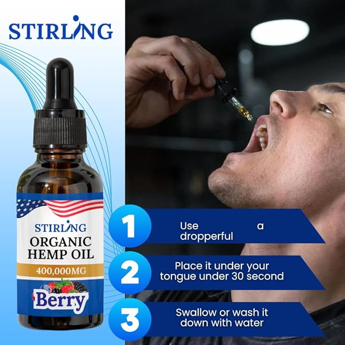 Stirling Organic Hemp Oil - 400,000mg Natural Berry Flavor - Enhances Sleep and Helps Reduce Discomfort - THC-Free, Non-GMO, Gluten-Free, High in Omega 3 6 9 - Premium U.S. Hemp Seed Oil