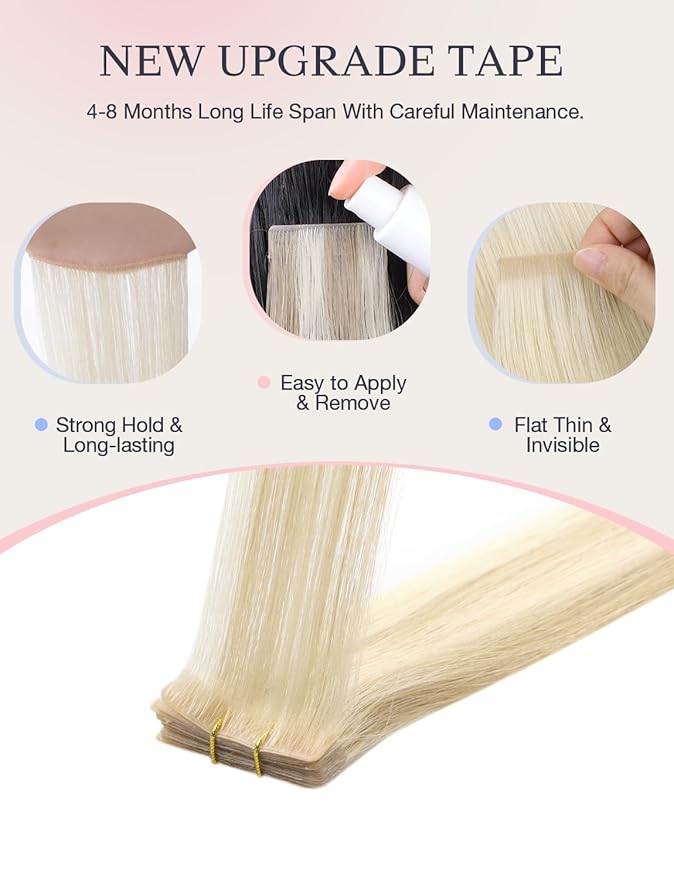 DOORES Invisi Edge Hair Extensions Real Human Hair Tape in, Dark Blonde Highlighted Bleach Blonde 10 Injection Tape-ins with 10 Injection Tape-ins 50g 20 Inch, Injected Tape in