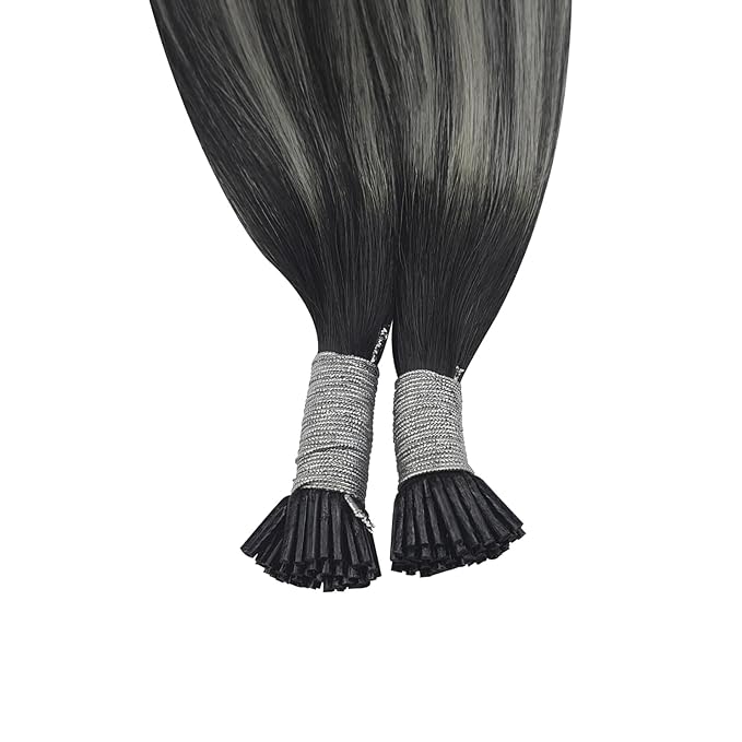 YoungSee Itip Hair Extensions Real Human Hair Ombre 14 Inch I Tip Hair Extensions Balayage Black Itip Human Hair Extension Black Ombre Silver I Tips Extension 50g 80s Itips Extension for Short Hair