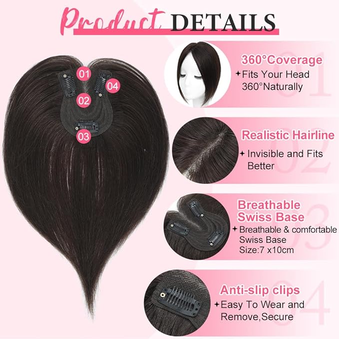 Hair Toppers for Women Real Human Hair Topper for Women with No Bangs Hairpieces Comfortable and Breathable 10 Inch Swiss Base 3D 360°Cover Glue-free and Shedding Free(Dark Brown)