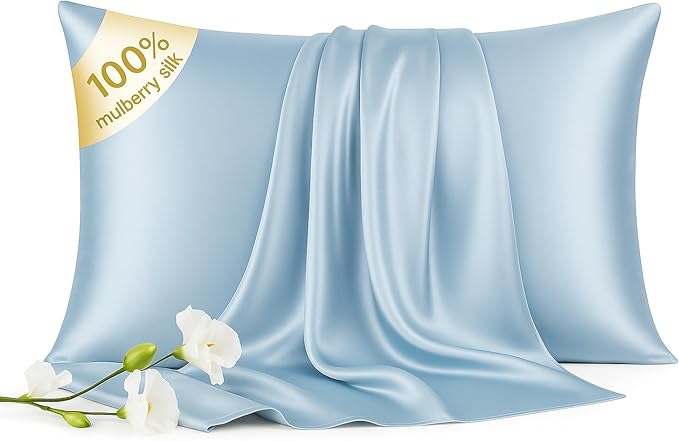 Luxury 6A Mulberry Silk Pillowcase & Silk Pillow Case for Hair & Skin – Anti-Wrinkle, Hidden Zipper – Best Beauty Sleep Solution for Women (Light Blue, Standard)