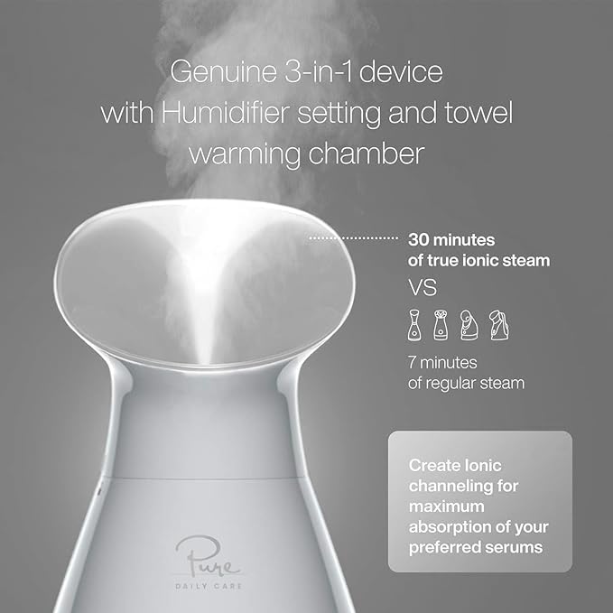 Pure Daily Care NanoSteamer Large 3-in-1 Nano Ionic Facial Steamer with Precise Temp Control - Humidifier - Unclogs Pores - Blackheads - Spa Quality - Bonus 5 Piece Stainless Steel Skin Kit (Silver)
