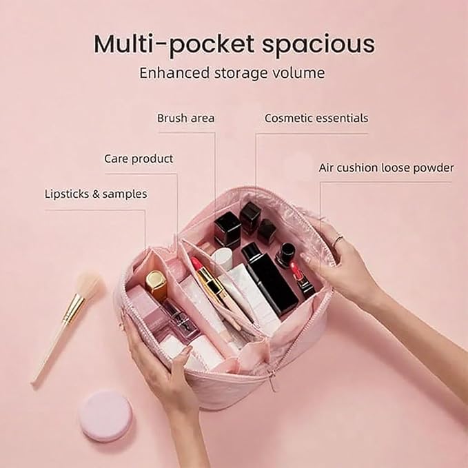 Petition Makeup Bag for Woman, Festivalment Makeup Bag, Wide Open Lay-Flat Water-Resistant Cosmetic Case, Puffy Padded Organizer for Toiletries & Brushes Large Capacity with Compartments