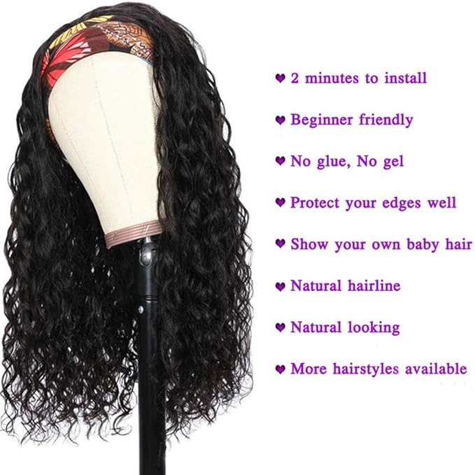KLAIYI Human Hair Water Wave Curly Non Lace Front Wigs for Black Women, Deep Wave Glueless Wear and Go Half Wig, 30S Ready to Go Wig with Band, Beginner Friendly, 20Inch