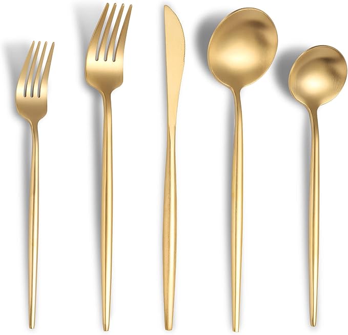 Matte Gold Silverware Set for 4,Modern Stainless Steel Brushed Cutlery Set,20-Pieces Heavy Duty Flatware Set,Knives Spoons and Forks Set Utensils Set, Satin Finish, Dishwasher Safe