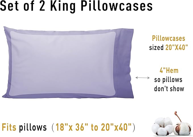 Sunflower King Pillowcases Set of 2, 100% Cotton King Pillow Cases 2, 20×40 inches Lavender, Soft and Breathable