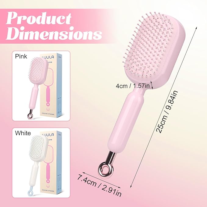 Self Cleaning Hair Brush, Retractable Cushion Massage Comb,Air Cushion Comb,Easy Clean,One-pull Clean Anti Static Brushs, Hairs Styling Tools for All Hairs Types (White)