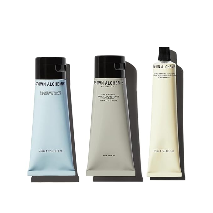 Grown Alchemist Refreshed & Ready Trio Bundle for Men. Shaving Gel+Exfoliating Polishing Cleanser+Hydra Restore Day Cream
