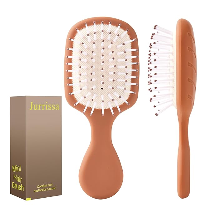 Mini Hair Bursh for Women Men and Kids, Protable Travel Size Hair Brush for Pockets Purses, Mini Detangler Brush for All Hair Types, Small Paddle Brush for Detangling (Brown)