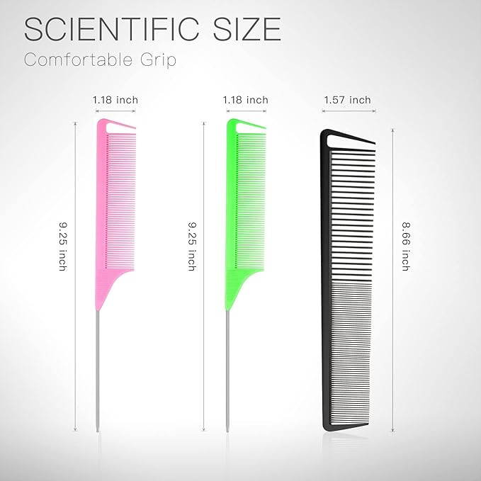 3-in-1 Rat Tail & Pintail Comb Set - Carbon Fiber & Stainless Steel for Braids, Barber Styling, Salon & Home Use (Black, Pink, Green)