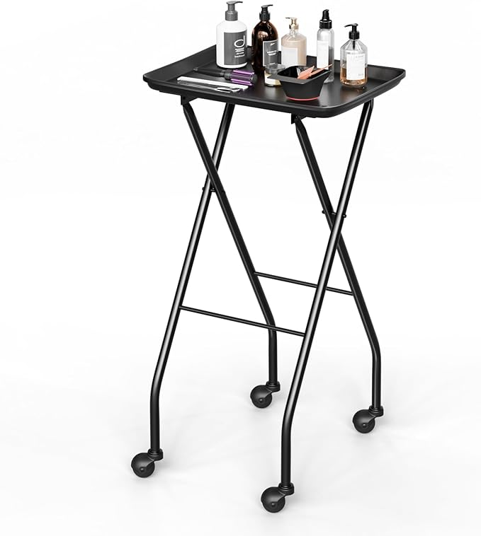 OmySalon Salon Tray on Wheels Folding Color Trays for Salon, Aluminum Tattoo Tray Rolling Trolley Cart Mobile Hair Cart for Stylist Hairdresser, Beauty Spa Service Storage Station