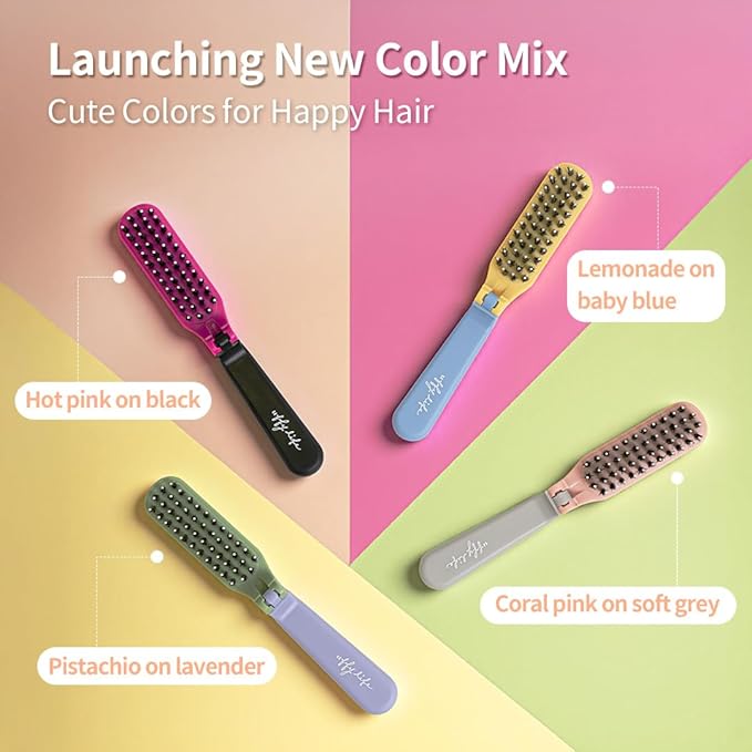 Uffy MiniPop Travel Hair Brush – Mini Folding Boar Bristles for Women, Men & Kids | Kid-Friendly Compact Comb for Wet & Dry Hair, Curly or Straight | Pocket-Size Detangler - Hot Pink on Black