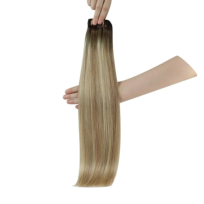 YoungSee Balayage Clip in Hair Extensions Walnut Brown Ombre Light Brown with Blonde Clip in Extensions Balayage Real Hair Extension Clip in Human Hair for Short Hair 12Inch 85G 7Pcs