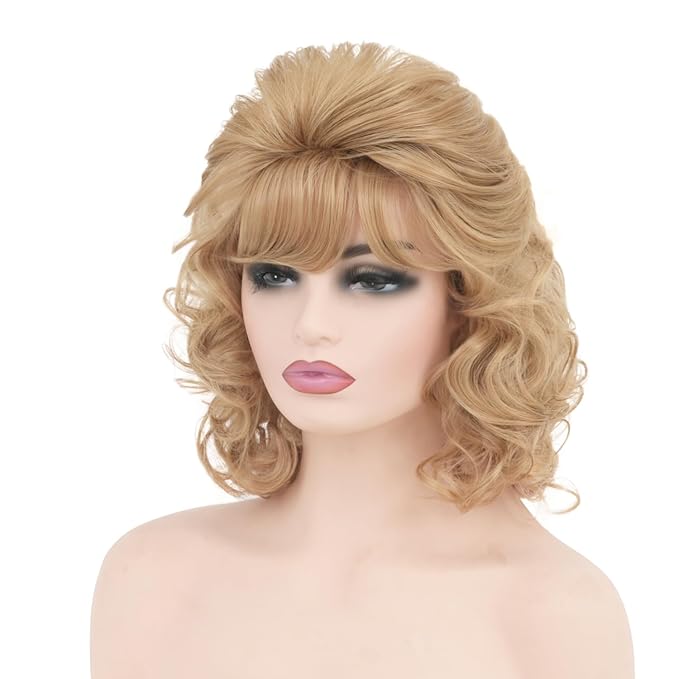 Short Blonde Wig with Hair Bangs Women's Curly Wavy Heat Resistant Synthetic Blonde Hair Wigs for Women