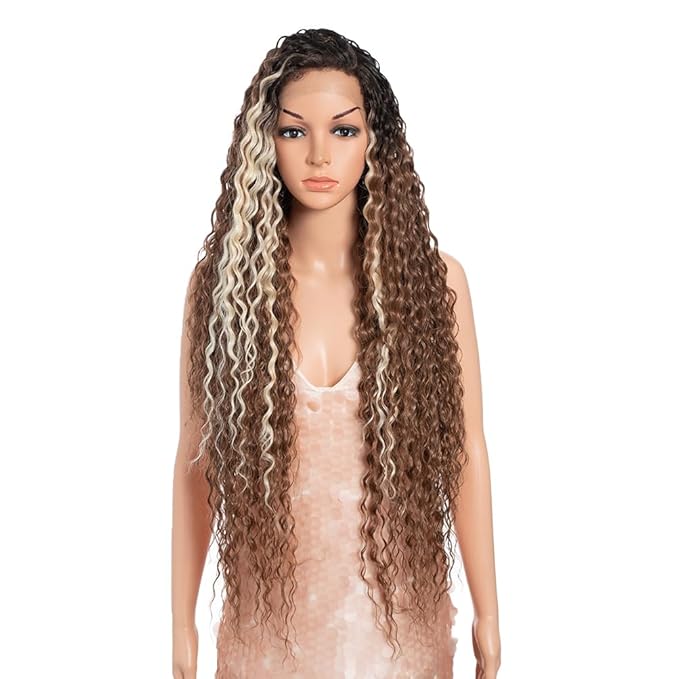 Style Icon 36”Super Long Curly Wig C-Shaped Side Part Lace Wig Afro Baby Hair Synthetic Highlight Blonde Wigs
