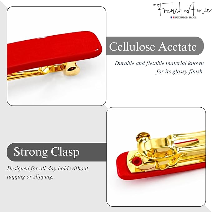 French Amie Rectangular Handmade Small Hair Barrette 2 1/4 Inch with Metal Clasp, Cellulose Acetate Hair Clip Grip for Women & Girls, Strong Hold for Fine Hair, Bangs, and Half-Up Styling (Red)