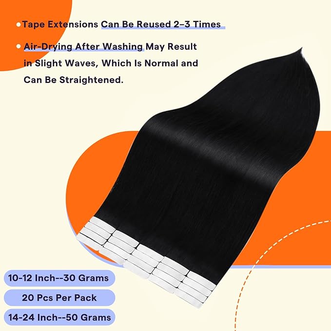 Full Shine Black Tape in Extensions Real Human Hair 24 Inch Color 1 Jet Black Invisible Soft Human Hair Tape in Extensions 20 Pieces 50grams Seamless Skin Weft Remy Extensions Add Length
