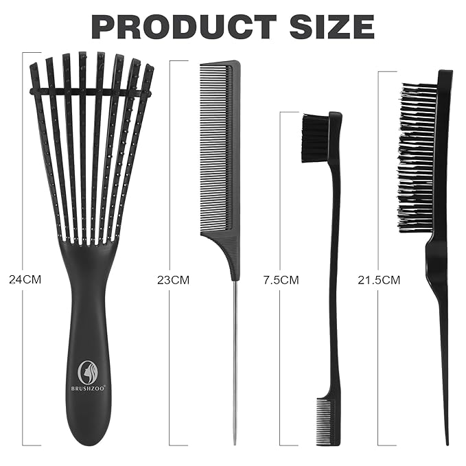 Hair Brush with Hair Styling Comb Set, Purple, Detangling Hair Brushes for Women Men Kids Curly Hair, Includes Detangler Brush, Teasing Hair Brush, Rat Tail Comb, Edge Brush