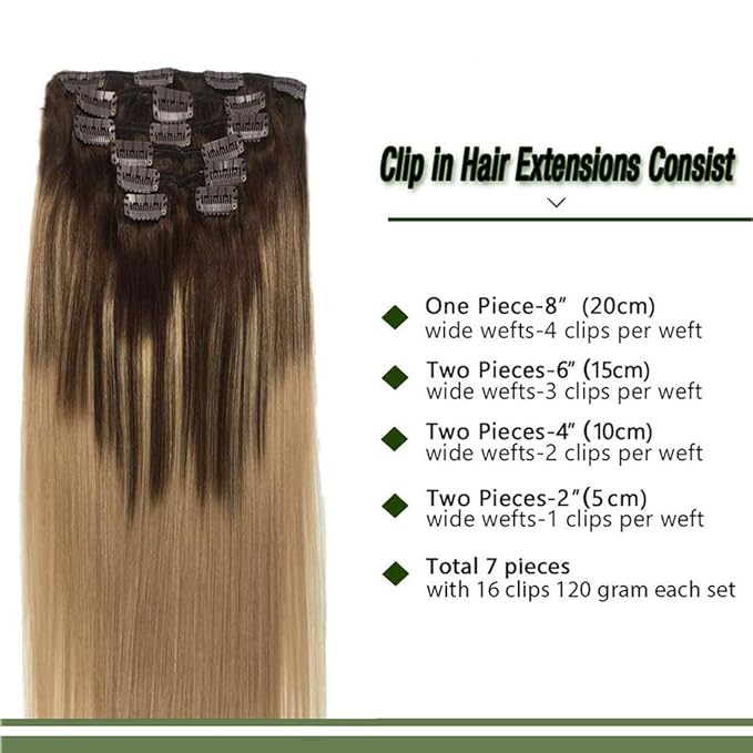 GOO GOO Clip in Hair Extensions Real Human Hair, Remy Human Hair Extensions Clip ins for Women, Natural Human Hair, 14inch 120g 7Pcs, 4/18 Balayage Chocolate Brown Highlighted Dirty Blonde