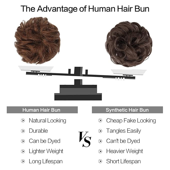 FESHFEN Women's Medium Auburn Wavy Curly Human Hair Messy Bun Hairpiece, 100% Real Hair, Easy to Use, Suitable for All Occasions