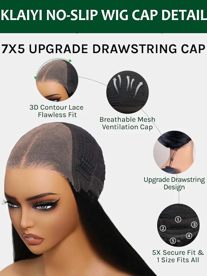 KLAIYI Bye Bye Slip™ Water Wave 7X5 Precut Lace Front Human Hair Wig Drawstring Glueless 3S Ready to Wear and Go Wig with Baby Hair Pre Plucked Bleached Bye Bye Knots Curly Wig 180%Density Full 26Inch