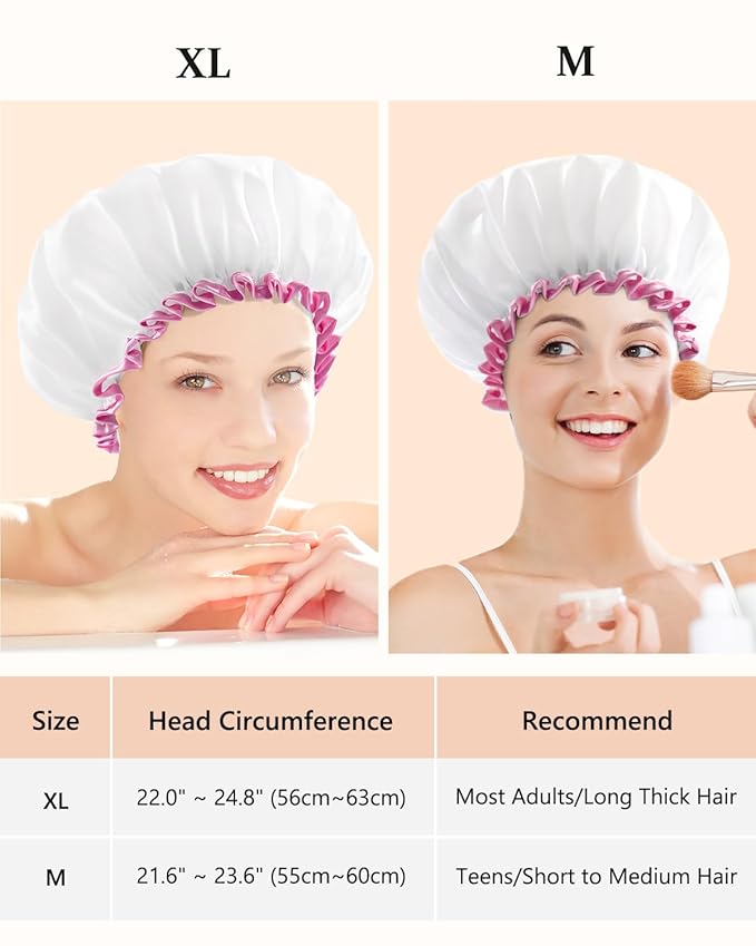mikimini White Shower Cap Waterproof Reusable, Double Layers Bathing Hair Cap with Soft Comfortable PEVA Lining, Cute, Non-fading & Stretchy Shower Hat Medium (Pack of 1) White