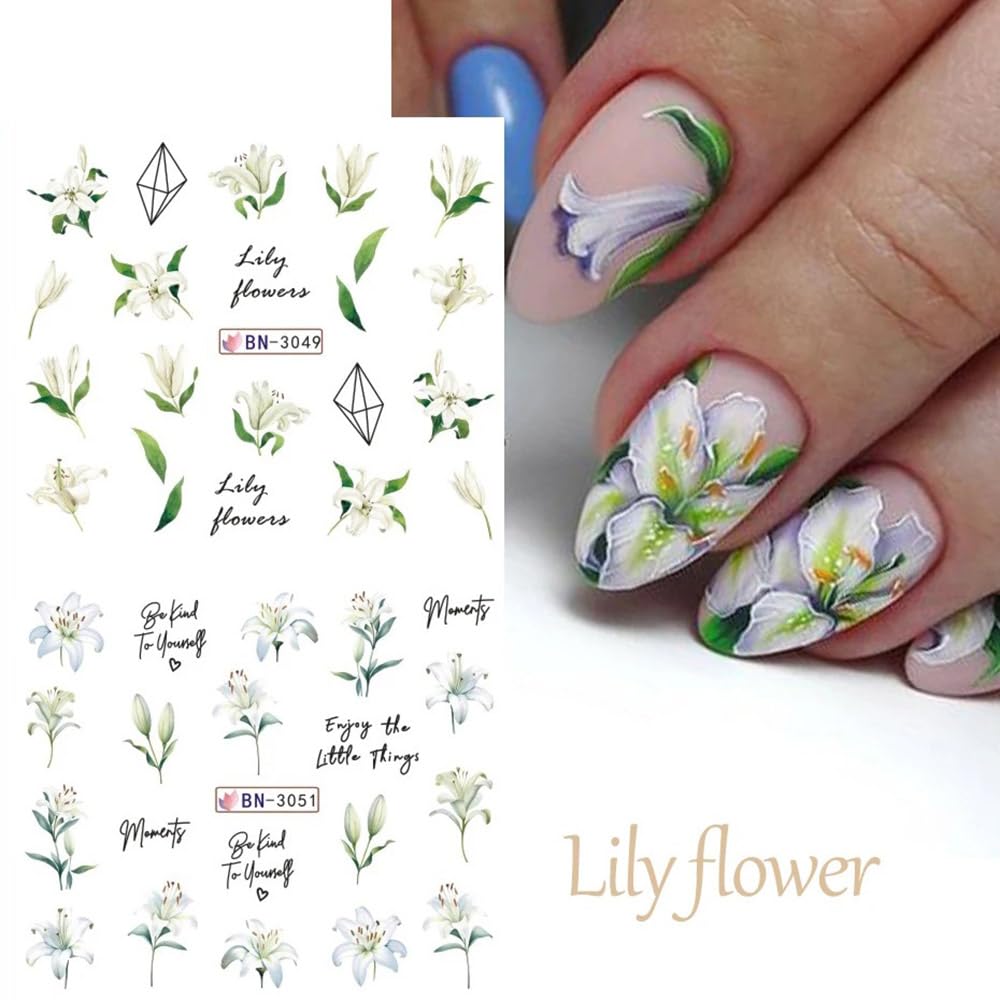 12 Designs Flower Nail Art Stickers - Lily Acrylic Decals for Spring Summer Decorations - Colorful Assorted Floral Water Transfer Slider Foil Sticker for Women