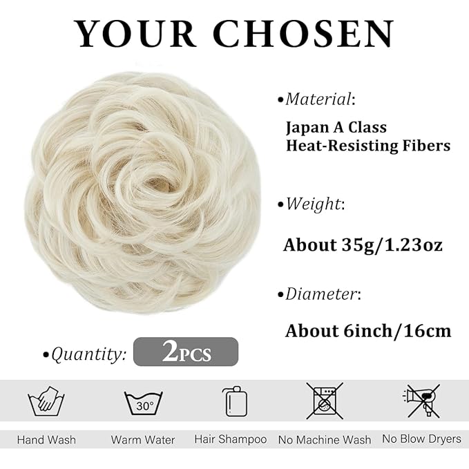SARLA 2PCS Messy Hair Bun Hair Pieces Wavy Curly Synthetic Updo Fake Scrunchies Ponytail Extension for Women Platin Blonde