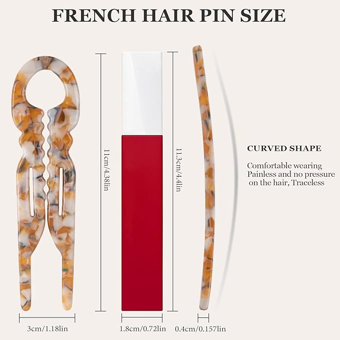 Sunolga 3pcs Prestige French Hair Pins for Women, 4.38" Large, Serrated Anti-Slip Design, Curved Shape for Better Head Fit, Coquette Elegant Hair Accessories for Updos, Chignon, Bun Hairstyles