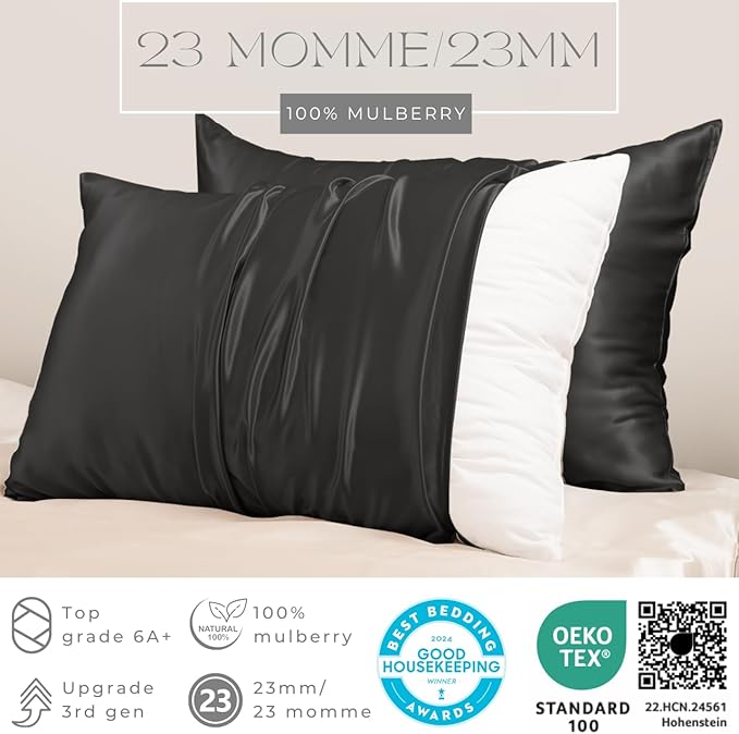 PROMEED Upgraded Grade 6A+ Black Silk Pillowcase with Zipper, 23 Momme Natural Mulberry Silk Pillow Cases for Hair and Skin - Easy Care with Free Laundry Bag (Standard 20"x26", Black)