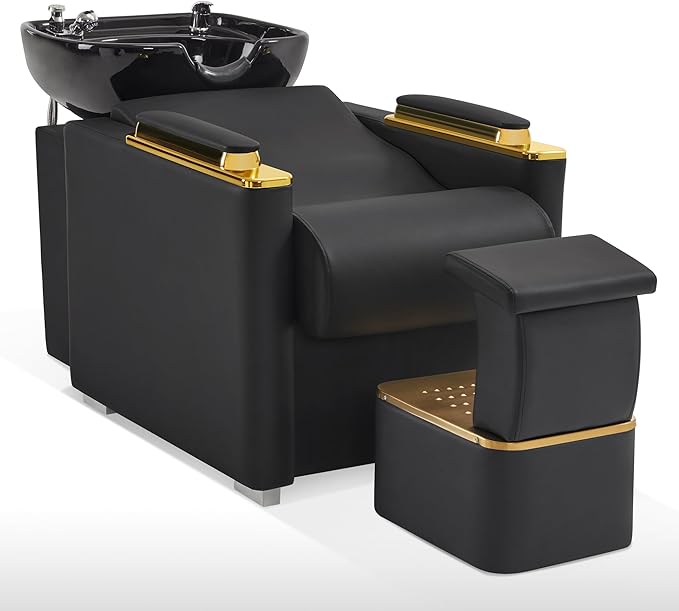 BarberPub Backwash Shampoo Station Chair with Porcelain Ceramic Hair Wash Bowl, Vacuum Breaker, Professional Black&Gold Shampoo Chair and Bowl Unit for Salon and Spa 8613 (Black)