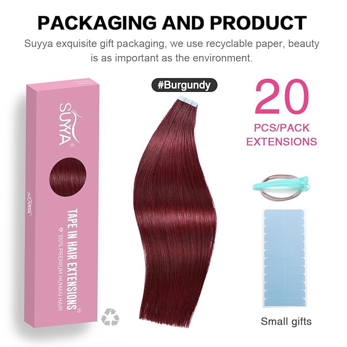 SUYYA Tape in Hair Extensions Human Hair Wine Red Color 100% Remy Human Hair 50g/pack 20pcs Straight Seamless Skin Weft Tape Hair Extensions 99j (22 inches #Burgundy)