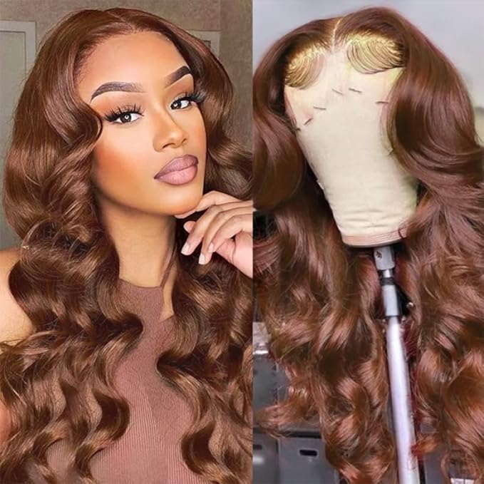 200% Density Chocolate Brown Human Hair Wigs 13x4 Body Wave Lace Front Wig Pre Plucked Chestnut Brown Colored Human Hair Wigs For Women HD Transparent Lace Front Wig 24 Inch