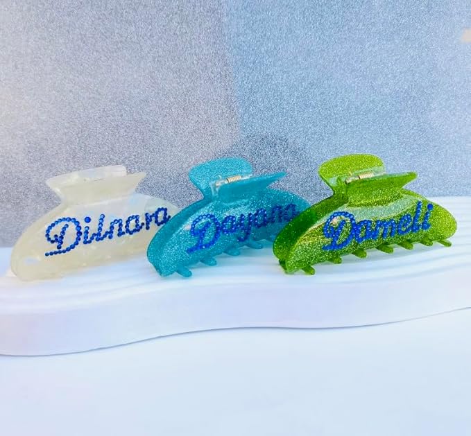 Personalized Hair Claw Clips with Rhinestones - Custom Name and Bridal Styles (Pearl Green)