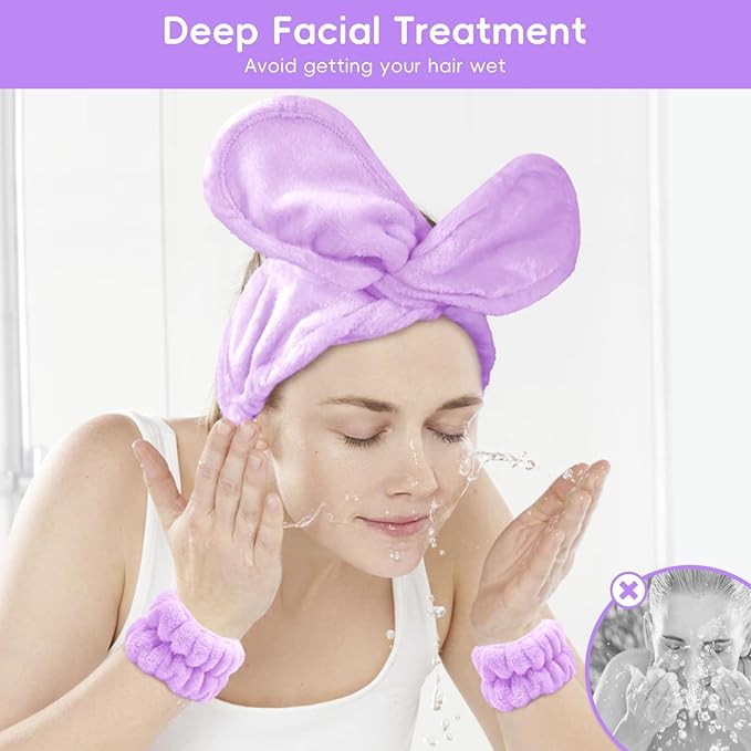 Face Wash Headband and Wristband Set Fashion Spa Headband, Coral Velvet Face Wash Set for Women, Adjustable Makeup Headbands Hair Band for Washing Face, Facial Skincare (Purple)