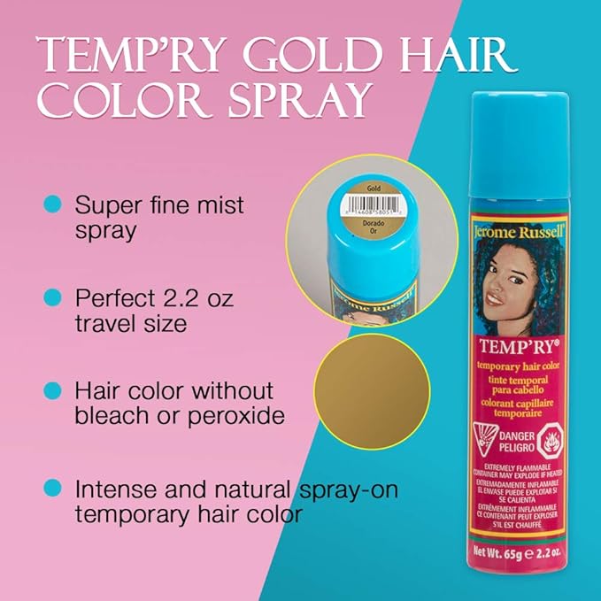 Jerome Russell Temp'ry Spray-on Gold Hair Color, Non-Permanent, Easy to Apply and Wash Off, 2.2 ounce, 3-pack
