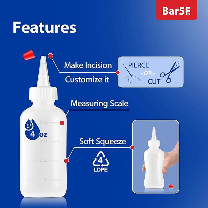 Bar5F 10-Pack Soft Squeeze Hair Applicator Bottle for Hair Treatment, Scalp Oil, Root, Color, 4 Ounce Translucent with Measuring Scale and Cap, BPA Free | Set of Bulk