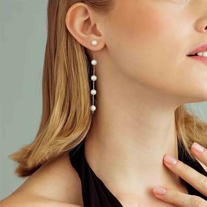 Boho Pearl Drop Earrings Long Pearl Tassel Earrings Gold Pearl Chain Earrings Vintage Pearl Stud Earrings Jewelry for Women