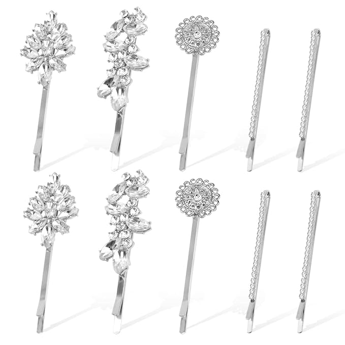 10 Pieces Rhinestone Hair Clips, Crystal Bobby Hair Pins Decorative Rhinestone Hair Barrettes for Wedding, Leaf Feather Sunflower Hair Clips Metal Hair Accessories for Women,4 Styles (silver)