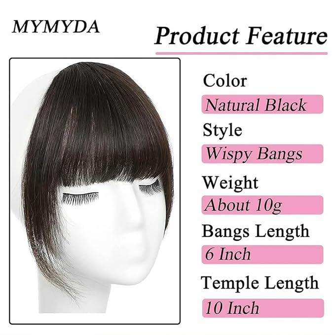 Clip in Bangs Natural Brown Black Color 100% Real Human Hair Wispy Clip on Bangs Extensions Fringe with Temples Hairpieces for Women