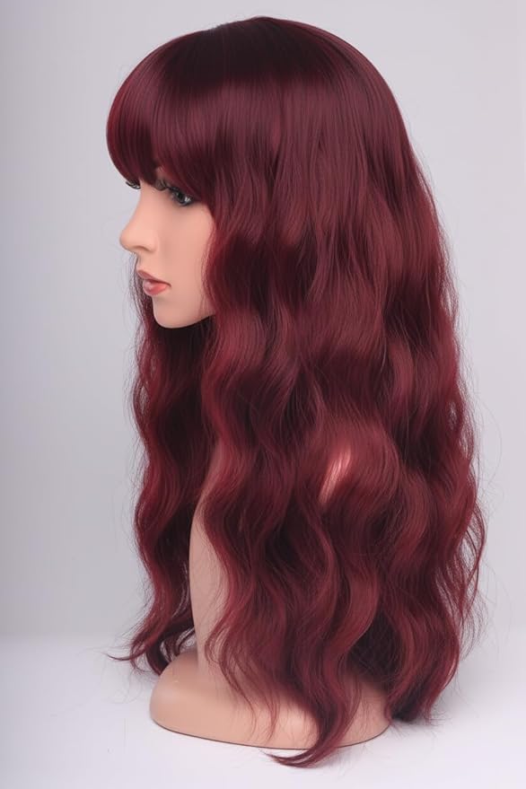 24 Inch Burgundy Wavy Wig with Bangs, Heat Resistant Synthetic Hair for Women, Adjustable Cap with Snap Clips for Daily Use, Wedding, Cosplay