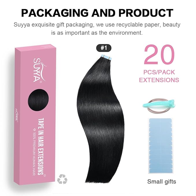SUYYA Tape in Hair Extensions Human Hair Black Straight 20 Pcs/Pack 50g Tape in Extensions 24 inch Jet Black #1