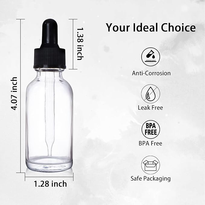 48 Pack 1oz Clear Glass Bottles with Glass Eye Droppers for Essential Oils, Perfumes & Lab Chemicals (Brush, Funnels, 2 Extra Droppers, 54 Pieces Labels & 30ml Measuring Cup Included)